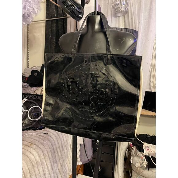 Tory burch patent leather black perforated logo tote bag/purse/pocketbook - Picture 1 of 11